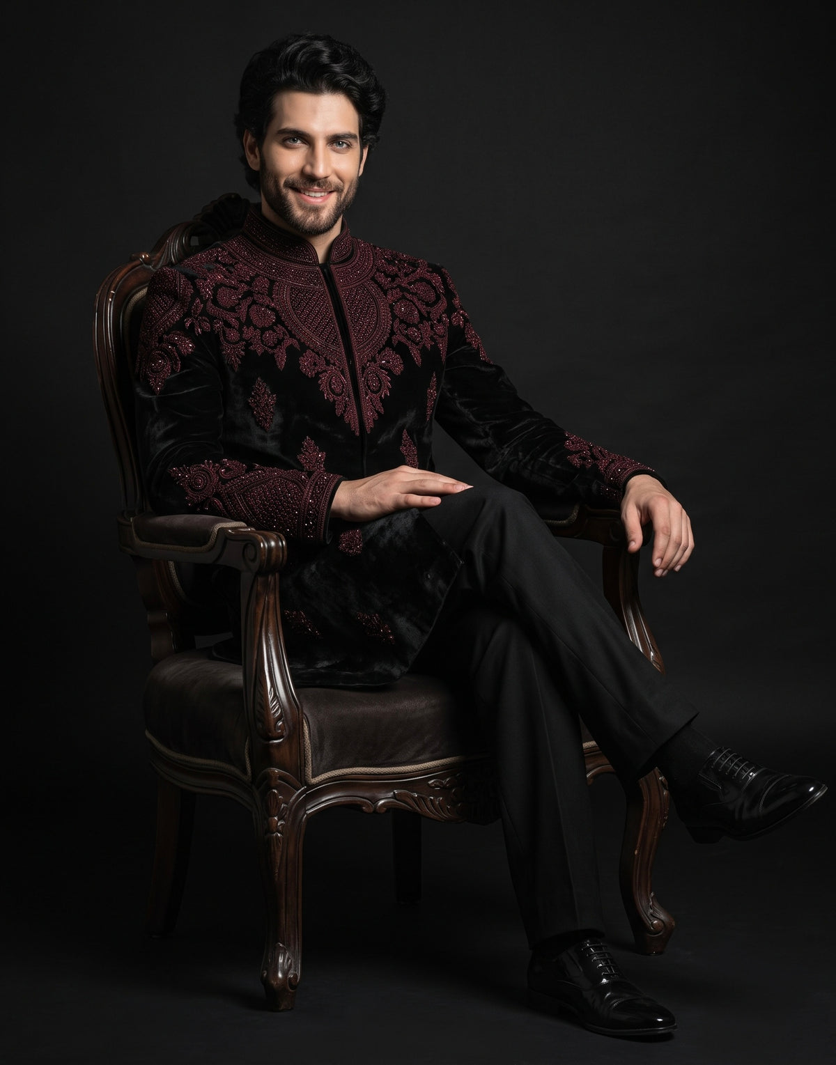 Men’s Black Sherwani with Maroon Embroidery – Royal Wedding Wear