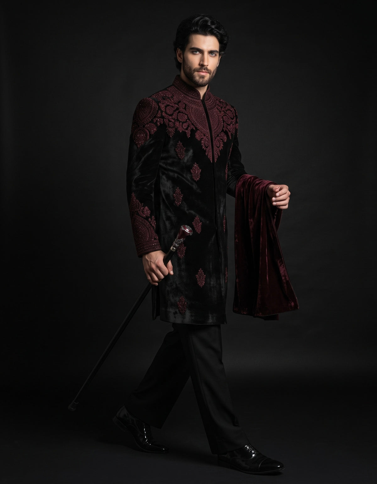 Men’s Black Sherwani with Maroon Embroidery – Royal Wedding Wear