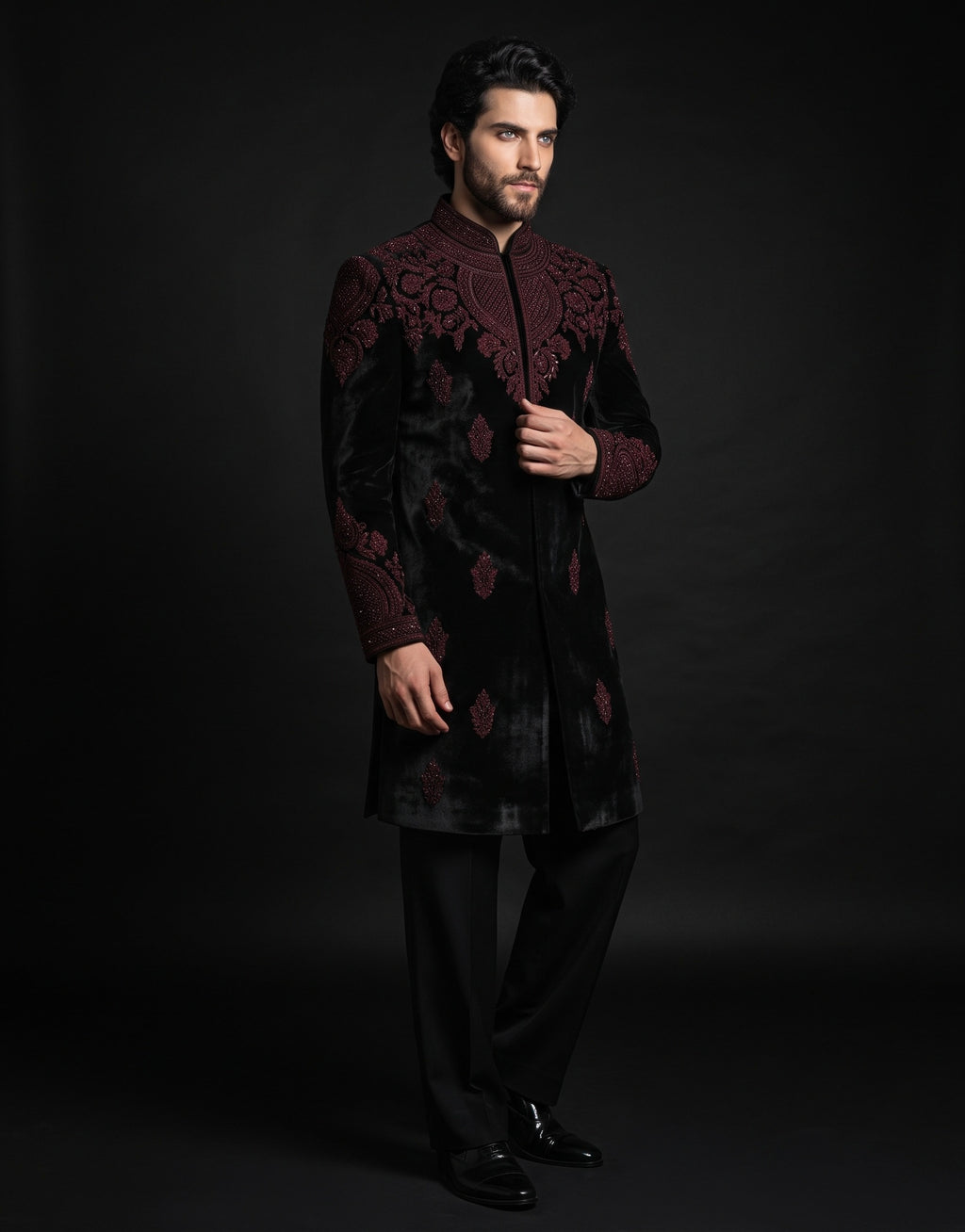 Men’s Black Sherwani with Maroon Embroidery – Royal Wedding Wear