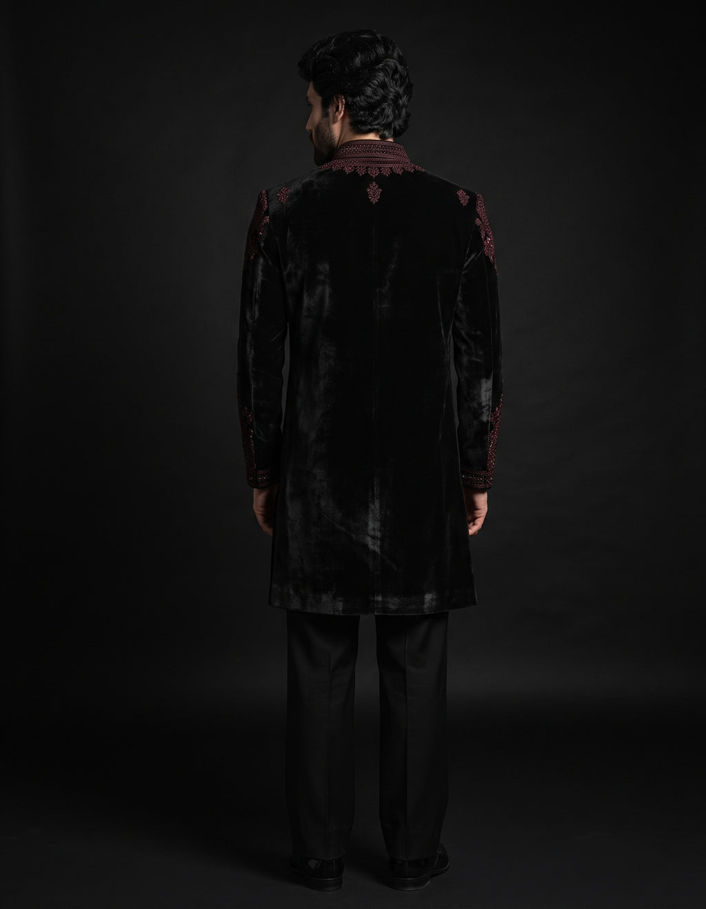 Men’s Black Sherwani with Maroon Embroidery – Royal Wedding Wear