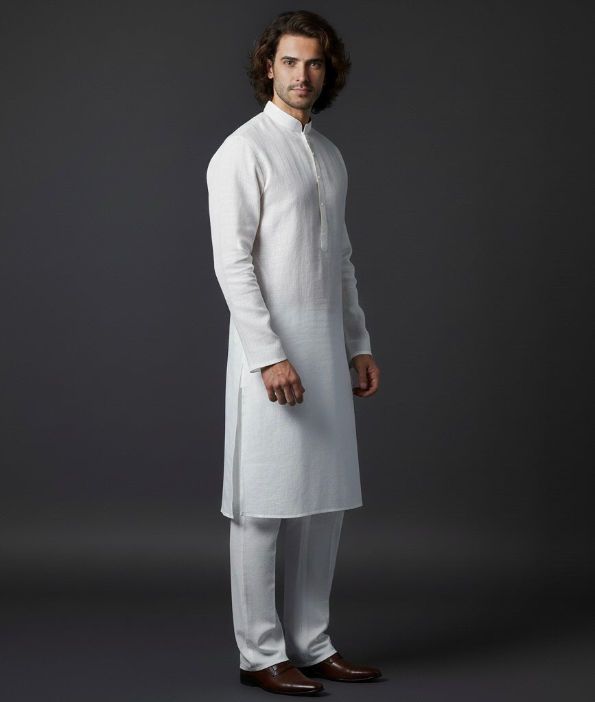 Man wearing a white kurta with white pants on a dark background