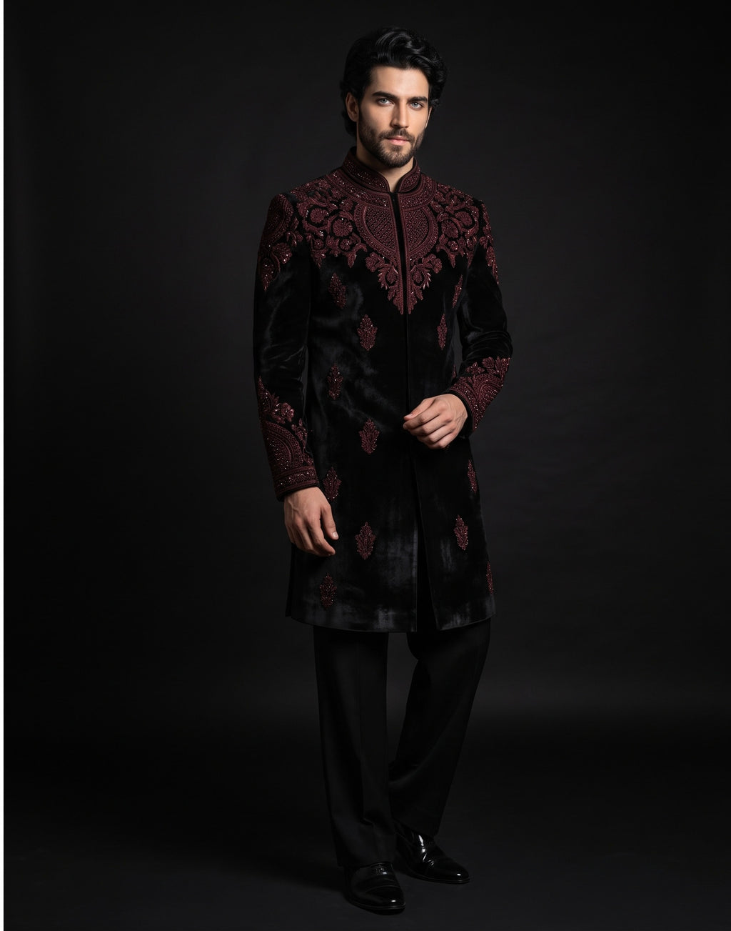 Men’s Black Sherwani with Maroon Embroidery – Royal Wedding Wear