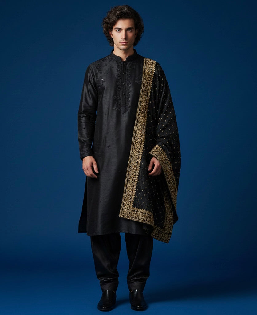 Man wearing a black kurta with an embroidered shawl against a blue background