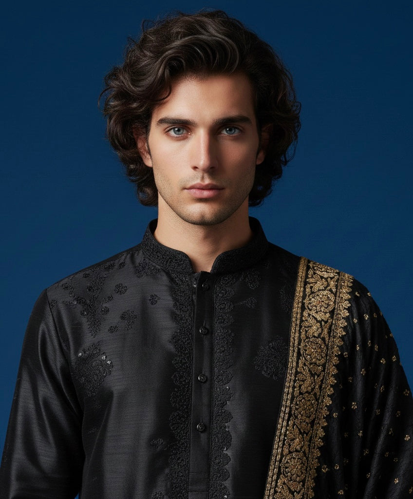 Luxury Black Hand-Embroidered Kurta Set with Embroidered Shawl | Royal Ethnic Wear for Men