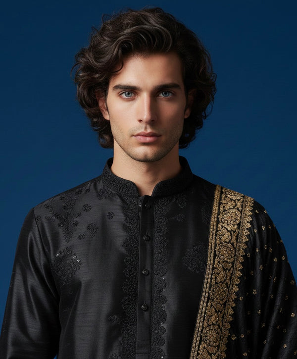 Luxury Black Hand-Embroidered Kurta Set with Embroidered Shawl | Royal Ethnic Wear for Men
