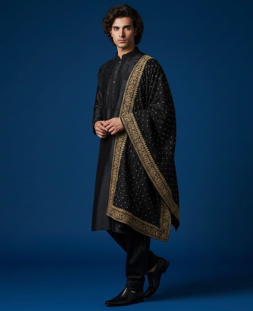 Luxury Black Hand-Embroidered Kurta Set with Embroidered Shawl | Royal Ethnic Wear for Men