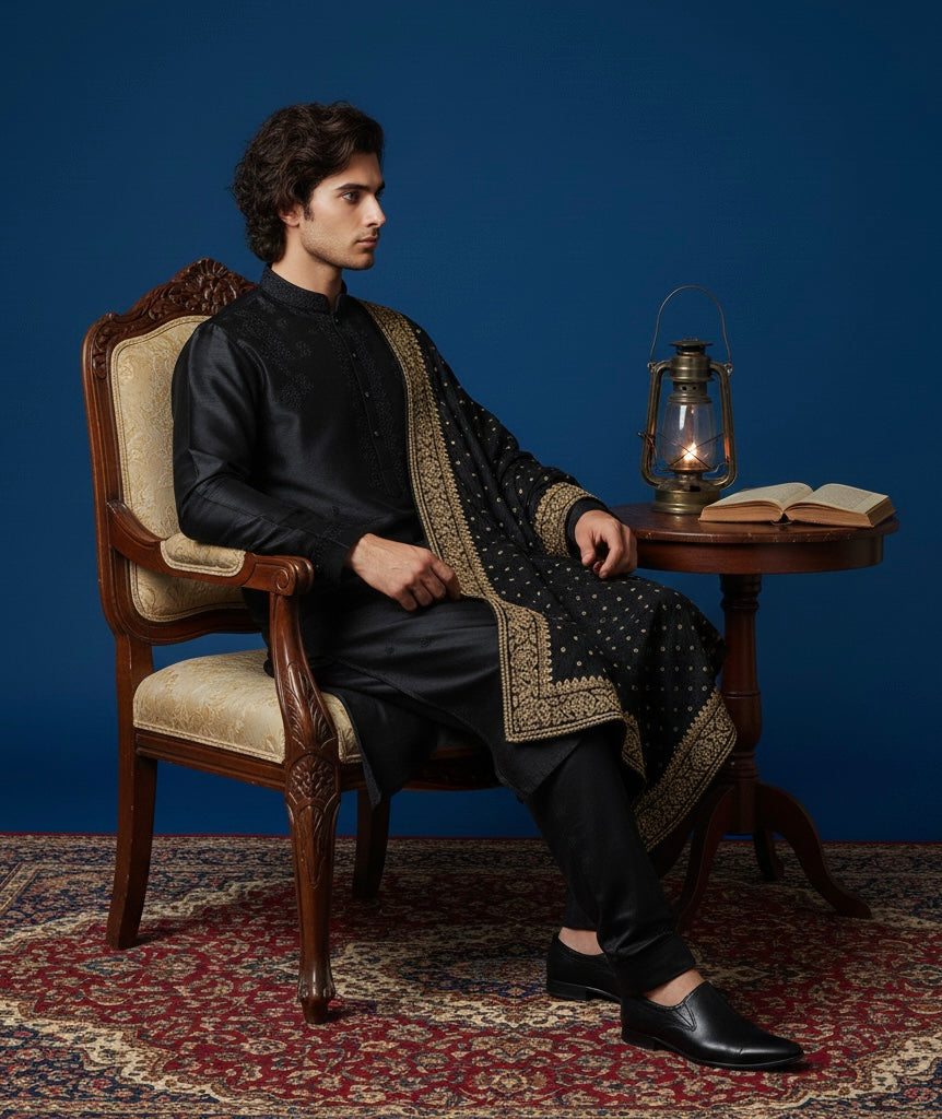 Luxury Black Hand-Embroidered Kurta Set with Embroidered Shawl | Royal Ethnic Wear for Men