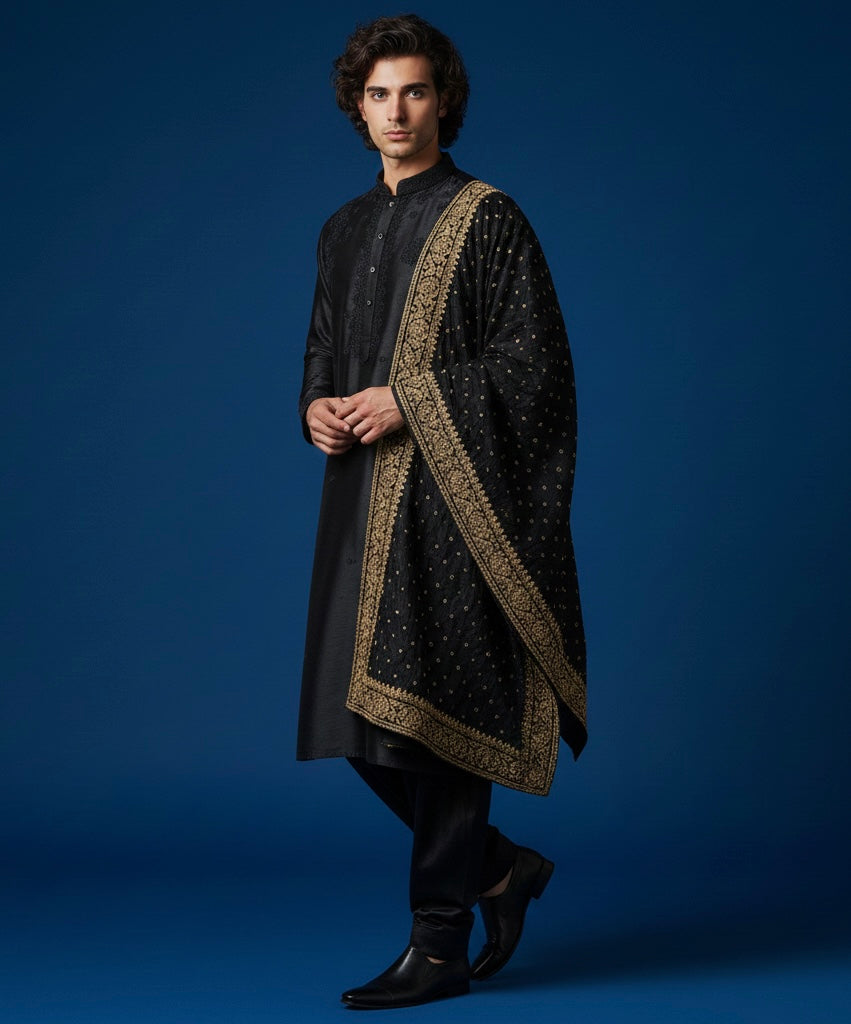 Luxury Black Hand-Embroidered Kurta Set with Embroidered Shawl | Royal Ethnic Wear for Men