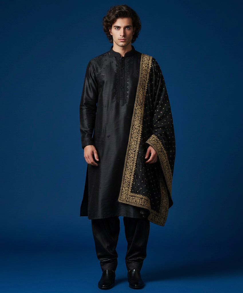 Luxury Black Hand-Embroidered Kurta Set with Embroidered Shawl | Royal Ethnic Wear for Men