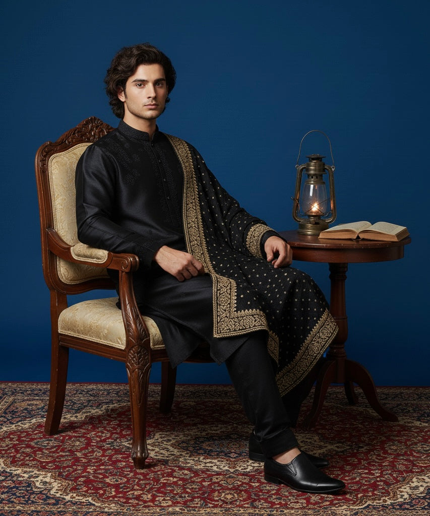 Luxury Black Hand-Embroidered Kurta Set with Embroidered Shawl | Royal Ethnic Wear for Men