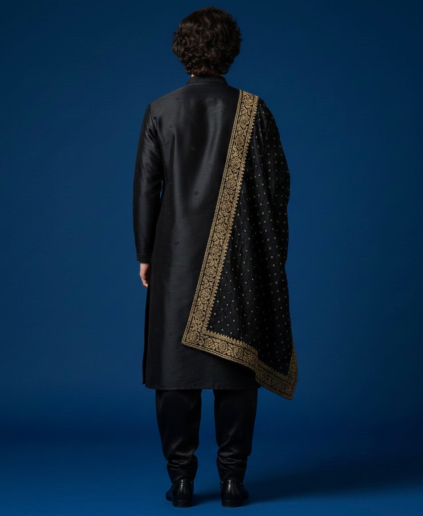 Luxury Black Hand-Embroidered Kurta Set with Embroidered Shawl | Royal Ethnic Wear for Men