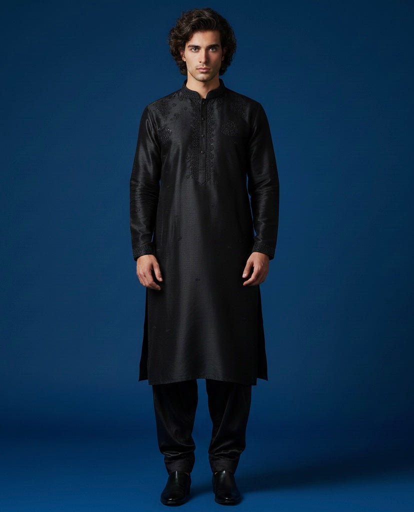 Luxury Black Hand-Embroidered Kurta Set with Embroidered Shawl | Royal Ethnic Wear for Men