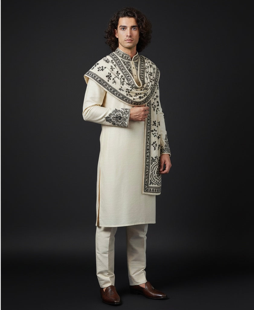 Cream Kurta with Black Embroidery & Embroidered Shawl | Luxury Ethnic Wear for Men