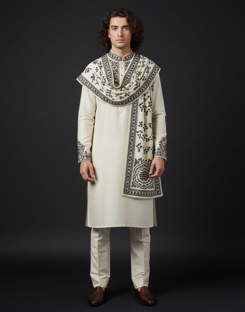 Man wearing a cream kurta with black embroidery against a dark background