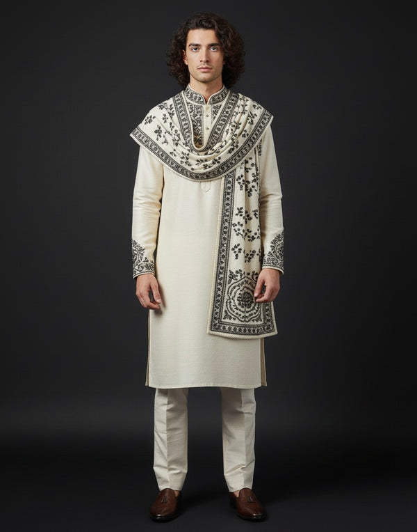 Man wearing a cream kurta with black embroidery against a dark background