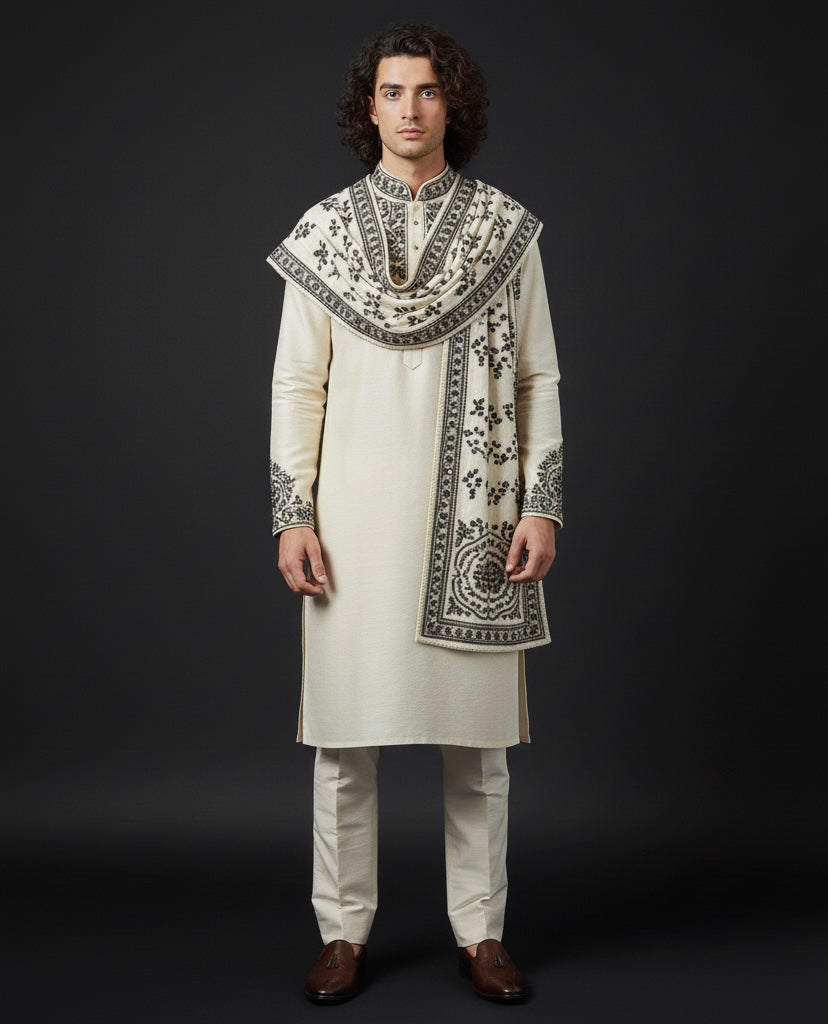 Cream Kurta with Black Embroidery & Embroidered Shawl | Luxury Ethnic Wear for Men