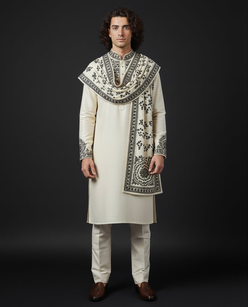Cream Kurta with Black Embroidery & Embroidered Shawl | Luxury Ethnic Wear for Men
