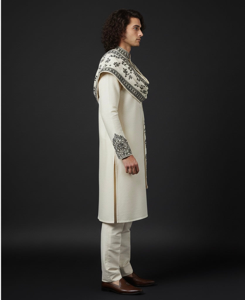 Cream Kurta with Black Embroidery & Embroidered Shawl | Luxury Ethnic Wear for Men
