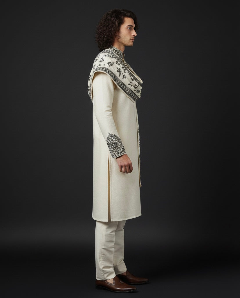 Cream Kurta with Black Embroidery & Embroidered Shawl | Luxury Ethnic Wear for Men
