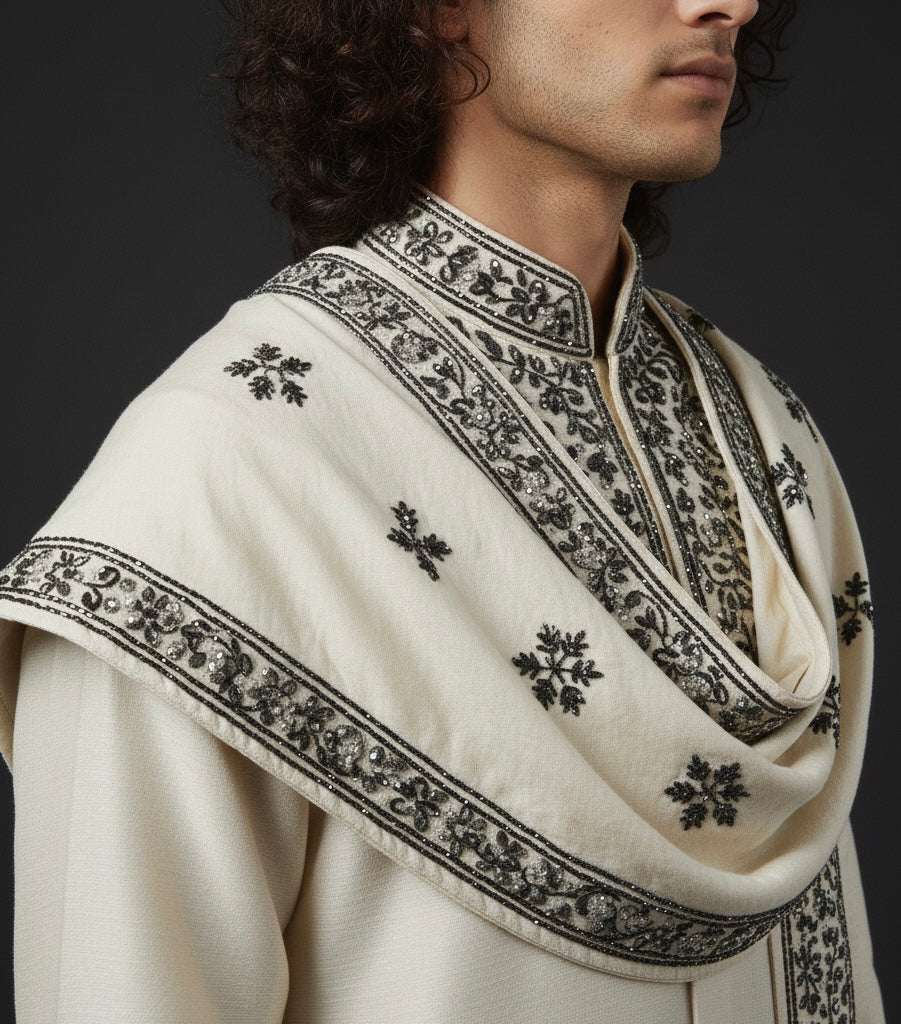 Cream Kurta with Black Embroidery & Embroidered Shawl | Luxury Ethnic Wear for Men