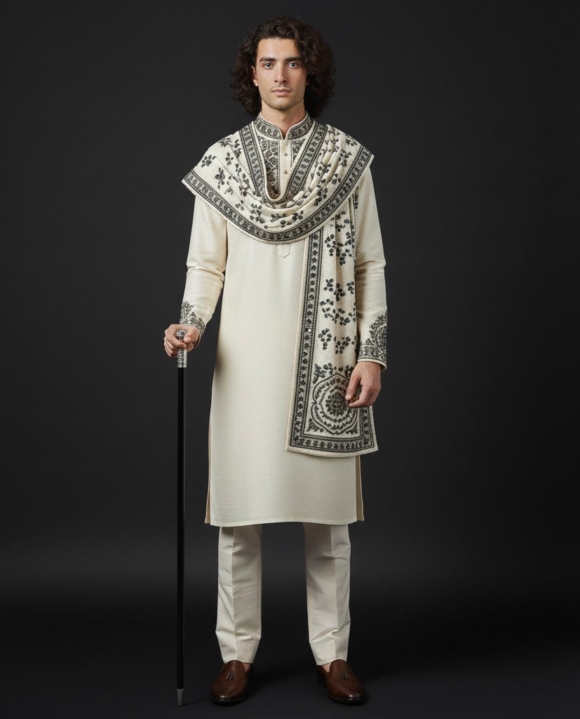 Cream Kurta with Black Embroidery & Embroidered Shawl | Luxury Ethnic Wear for Men
