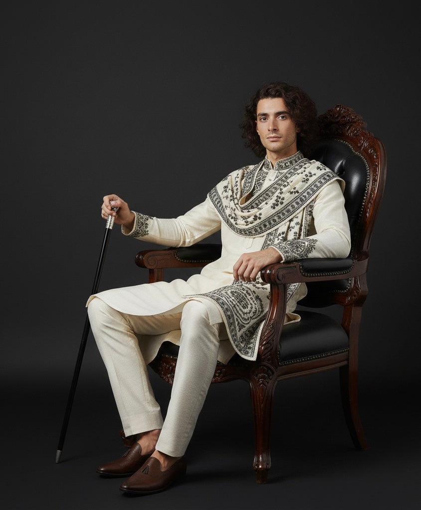 Cream Kurta with Black Embroidery & Embroidered Shawl | Luxury Ethnic Wear for Men