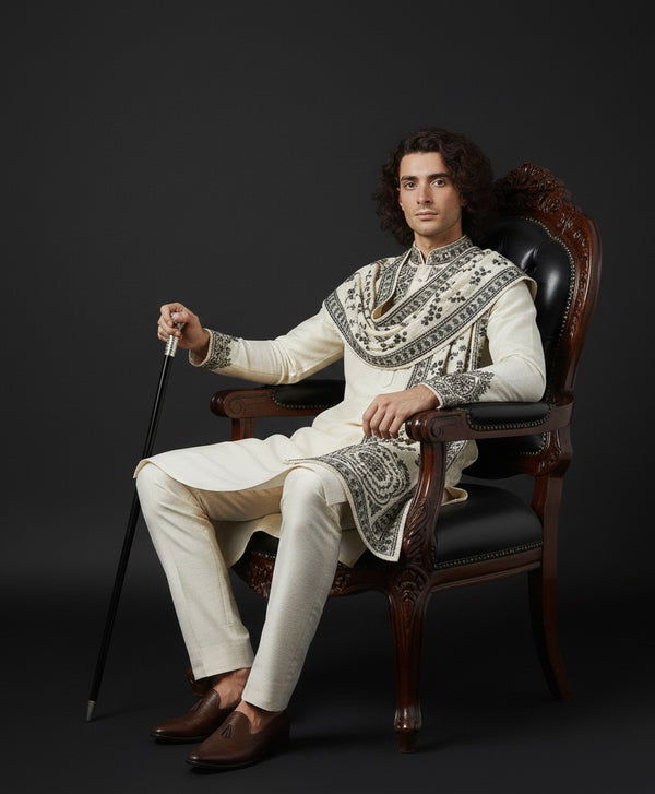 Cream Kurta with Black Embroidery & Embroidered Shawl | Luxury Ethnic Wear for Men