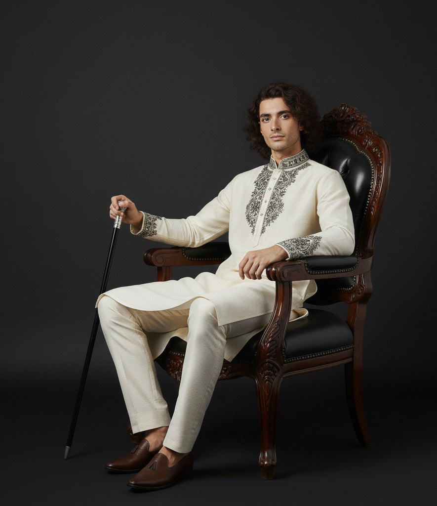 Cream Kurta with Black Embroidery & Embroidered Shawl | Luxury Ethnic Wear for Men