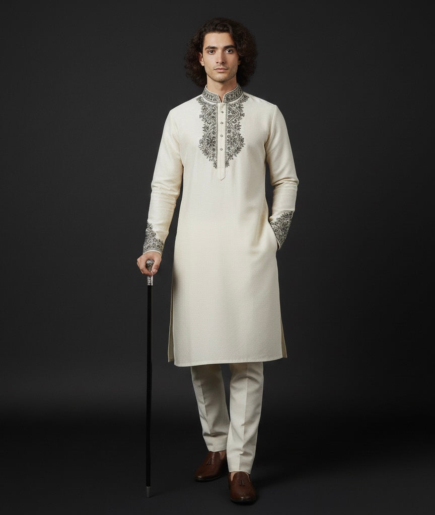 Cream Kurta with Black Embroidery & Embroidered Shawl | Luxury Ethnic Wear for Men
