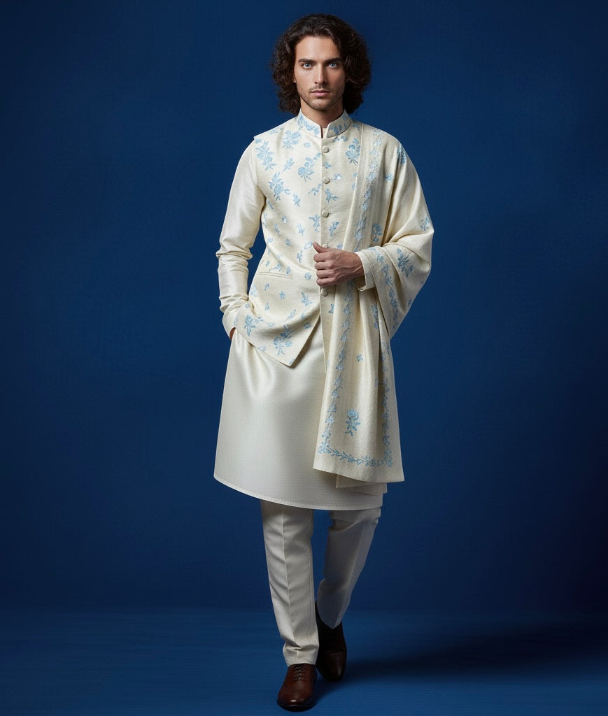 Man wearing a traditional cream kurta with floral patterns against a blue background