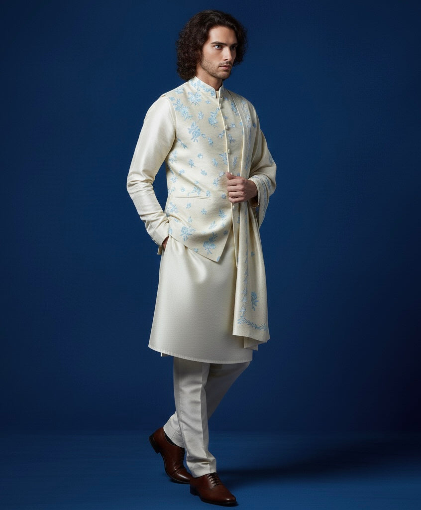 Cream Hand-Embroidered Kurta Set with Nehru Jacket