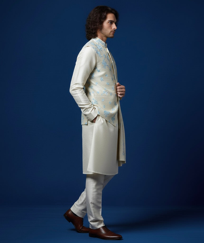 Cream Hand-Embroidered Kurta Set with Nehru Jacket