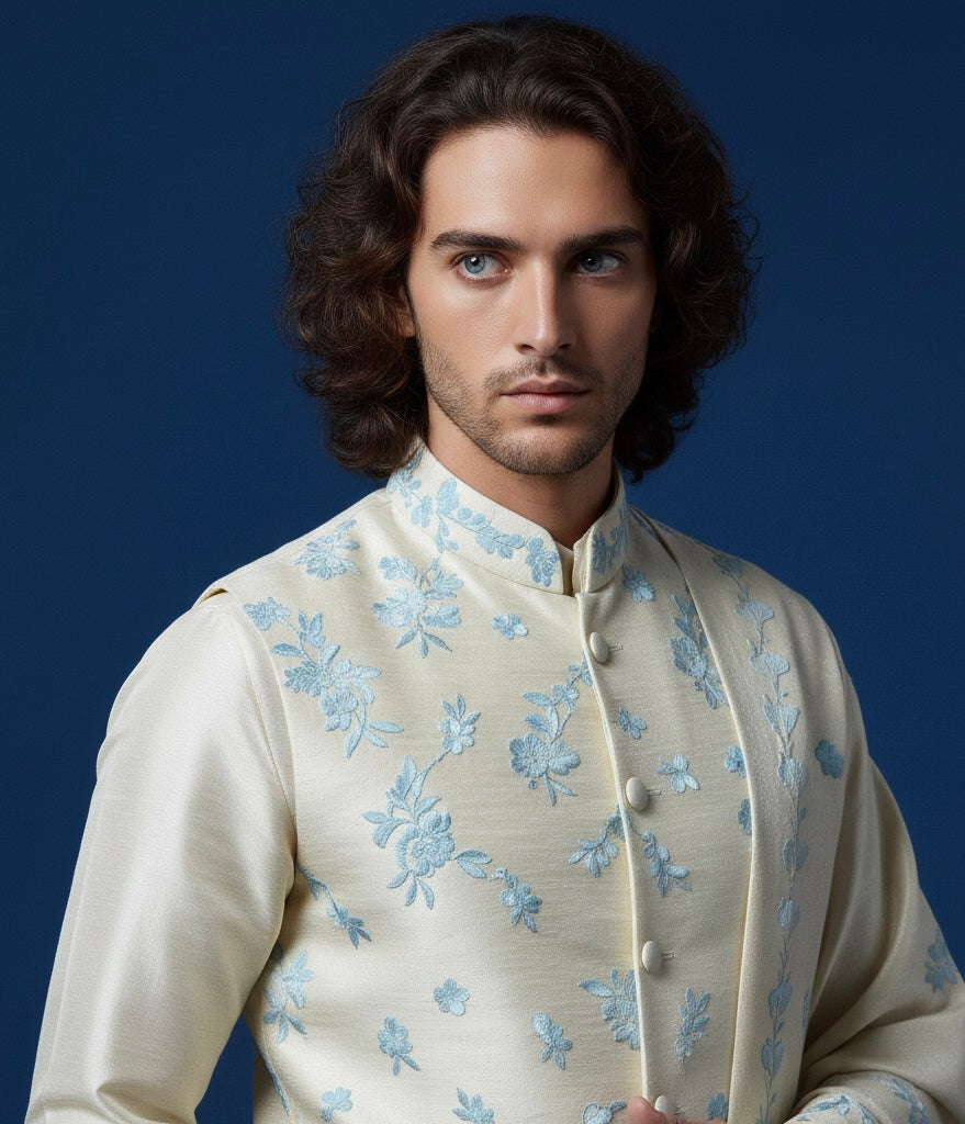 Cream Hand-Embroidered Kurta Set with Nehru Jacket