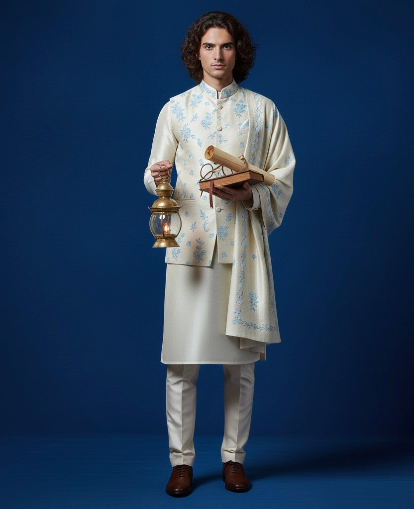 Cream Hand-Embroidered Kurta Set with Nehru Jacket