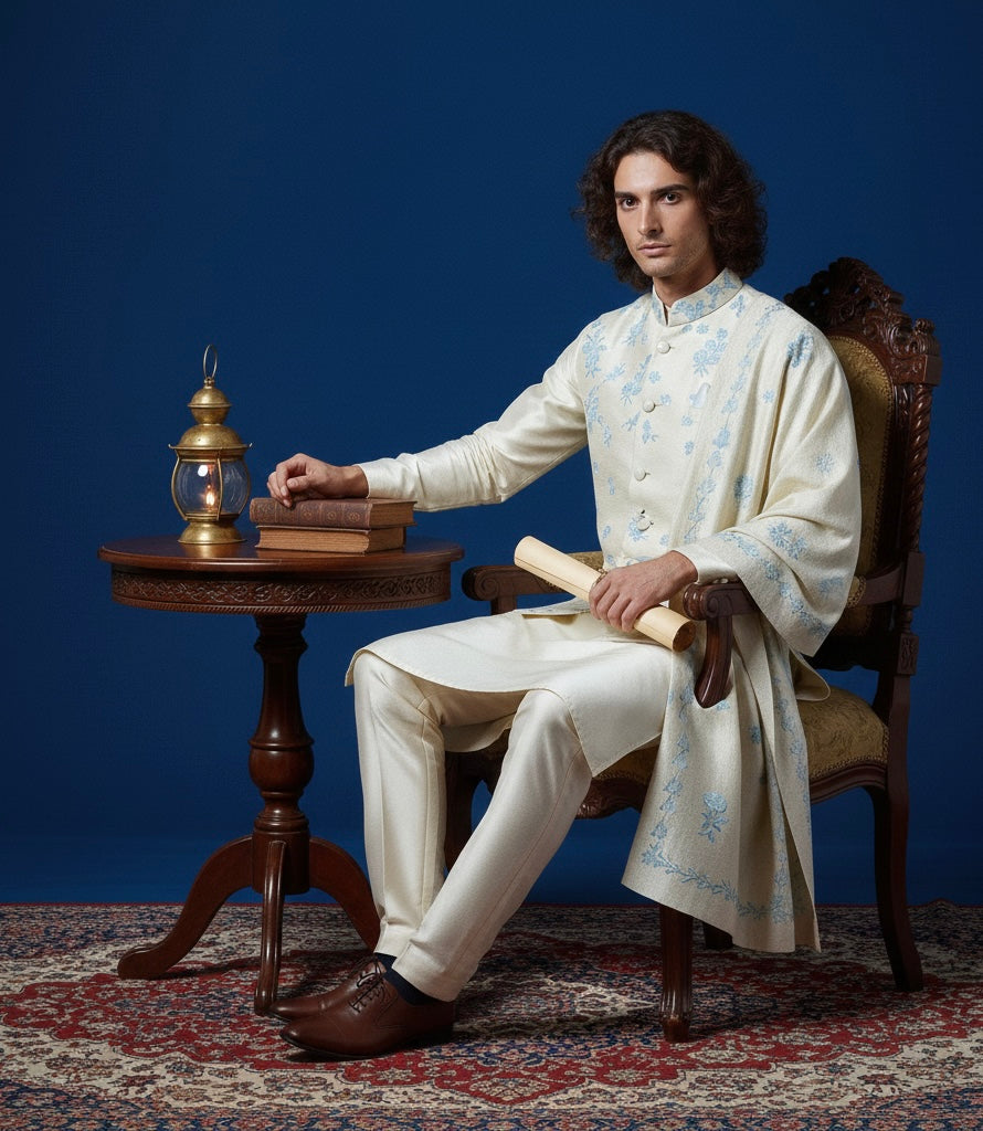 Cream Hand-Embroidered Kurta Set with Nehru Jacket