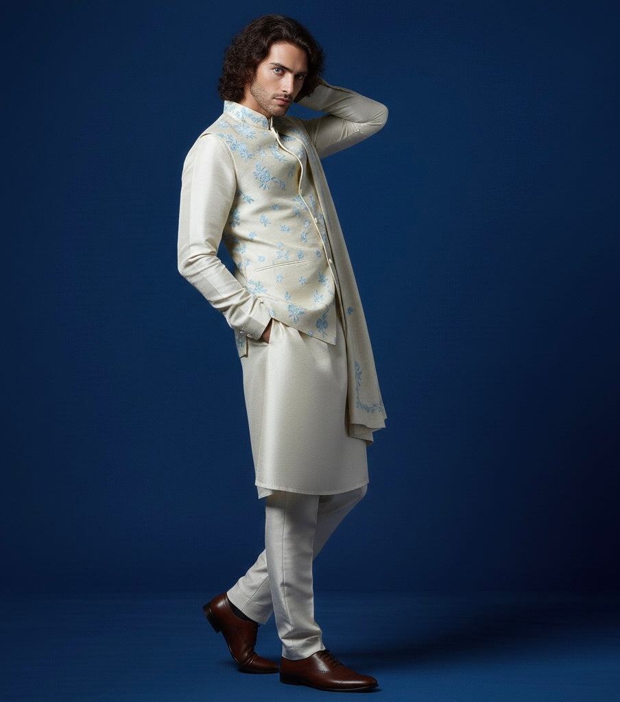 Cream Hand-Embroidered Kurta Set with Nehru Jacket
