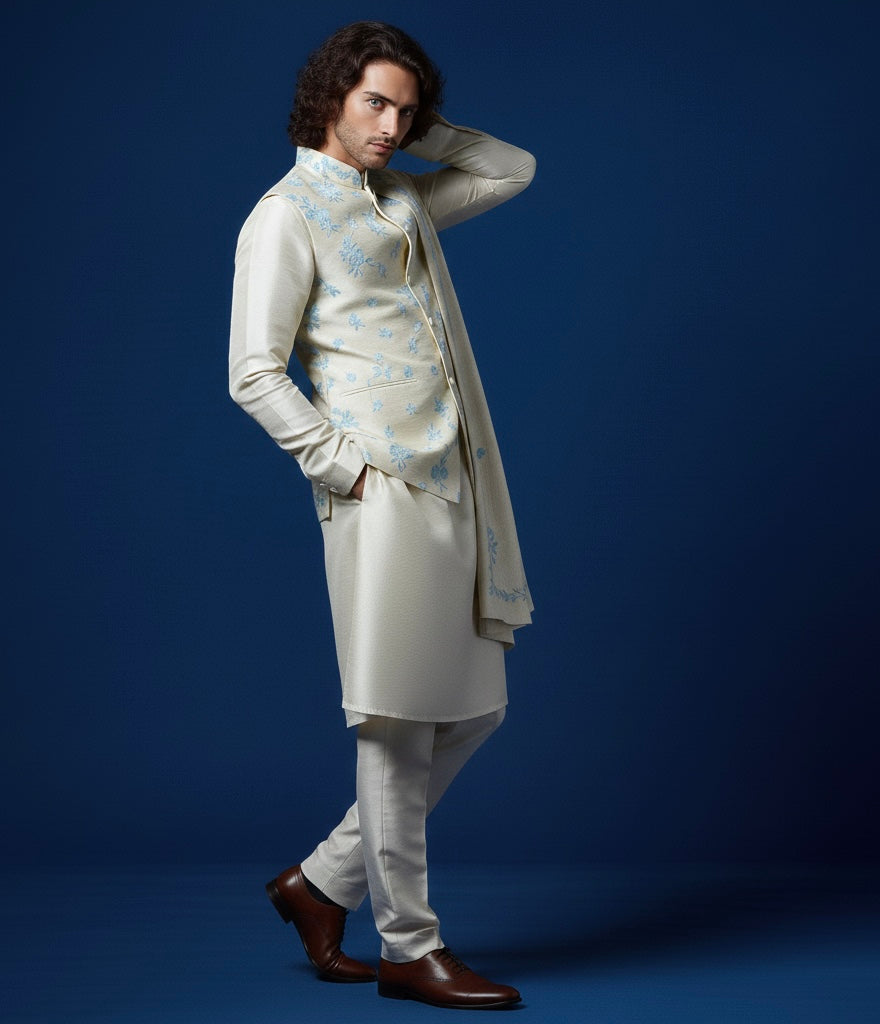 Cream Hand-Embroidered Kurta Set with Nehru Jacket