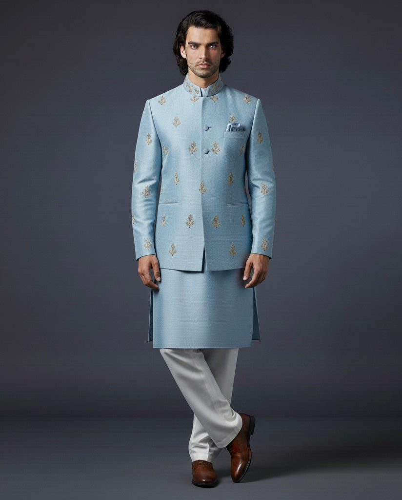 Light Blue Indo Kurta Set with Off-White Pants