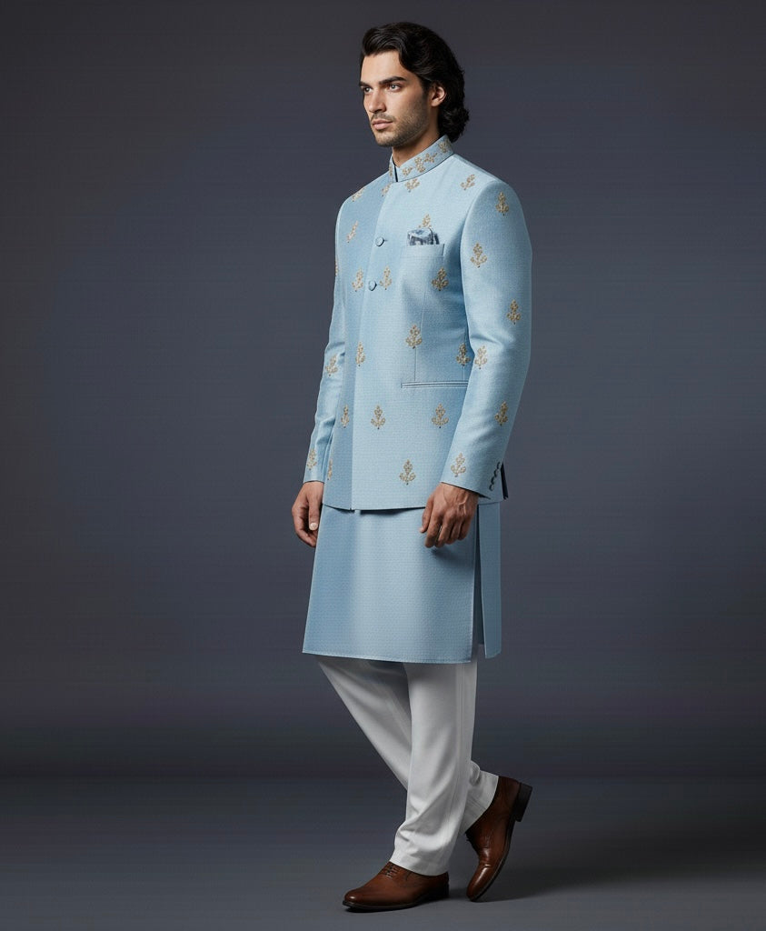 Light Blue Indo Kurta Set with Off-White Pants