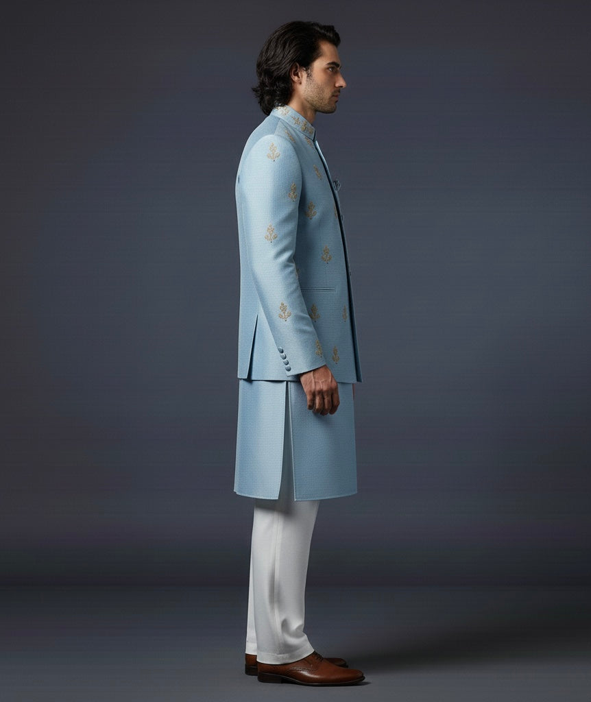 Light Blue Indo Kurta Set with Off-White Pants