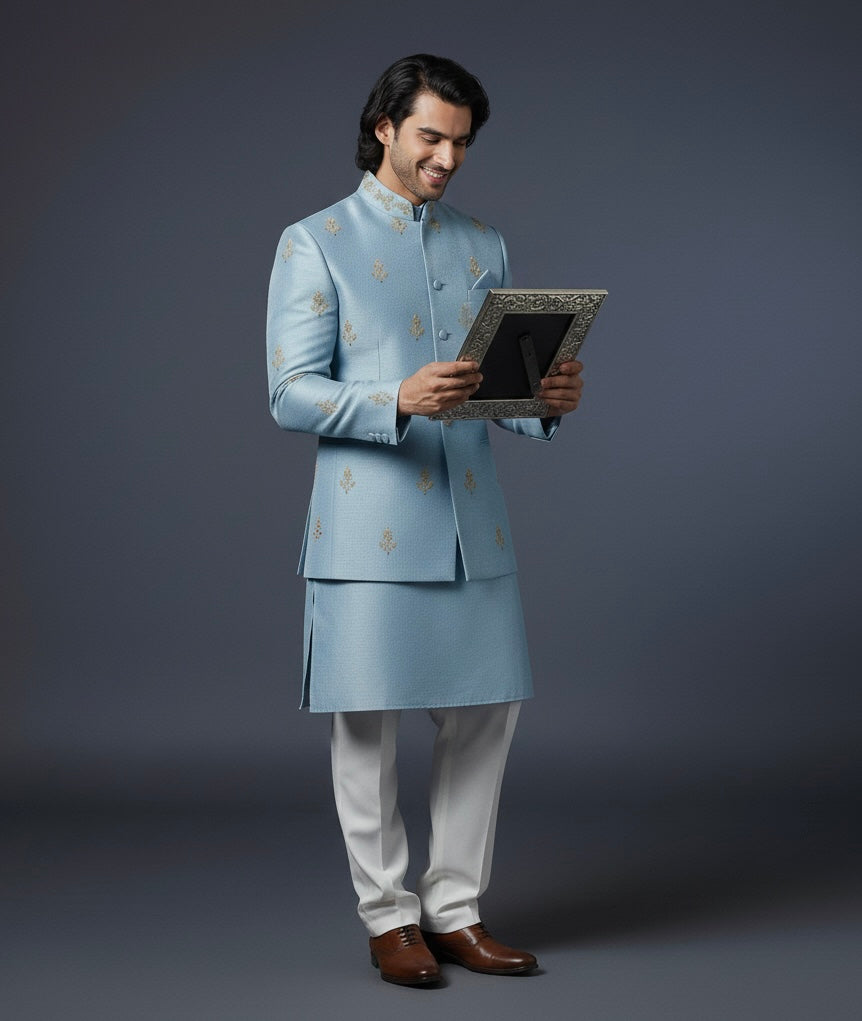 Light Blue Indo Kurta Set with Off-White Pants