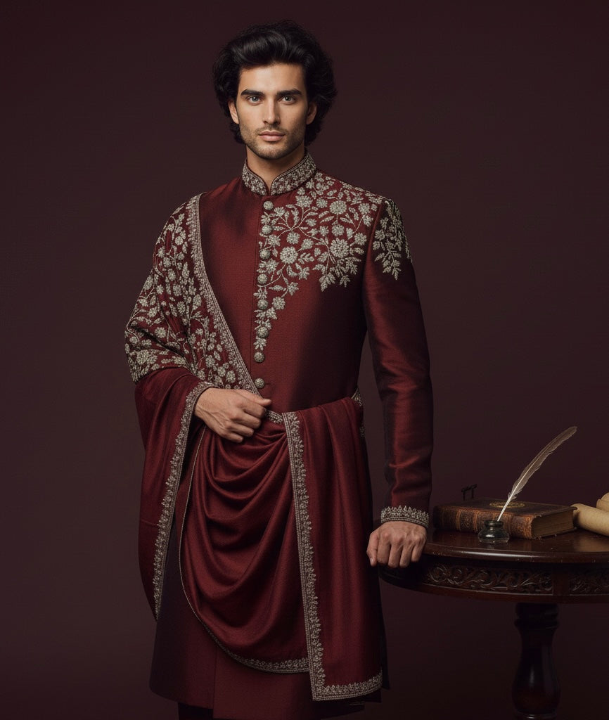 Maroon Hand-Embroidered Sherwani with Embroidered Shawl | Royal Wedding Wear for Men