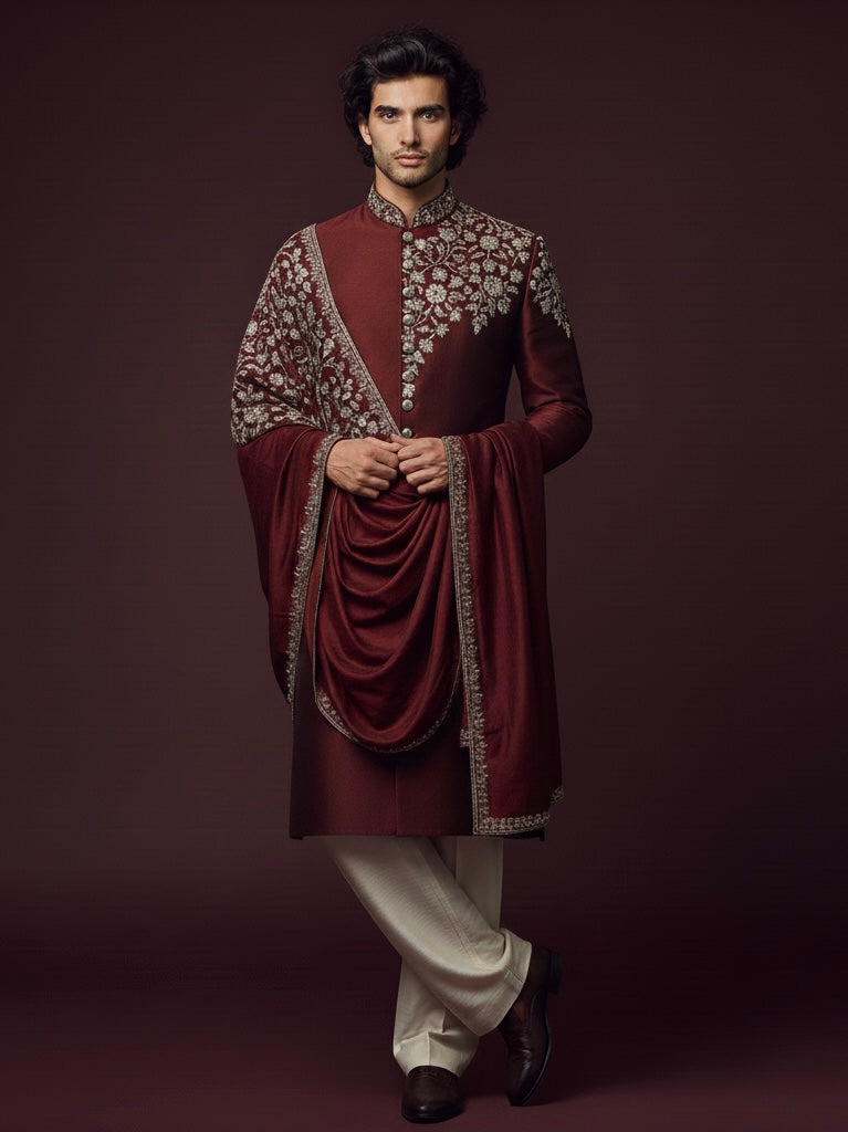 Man wearing a traditional maroon sherwani with intricate patterns on a dark background