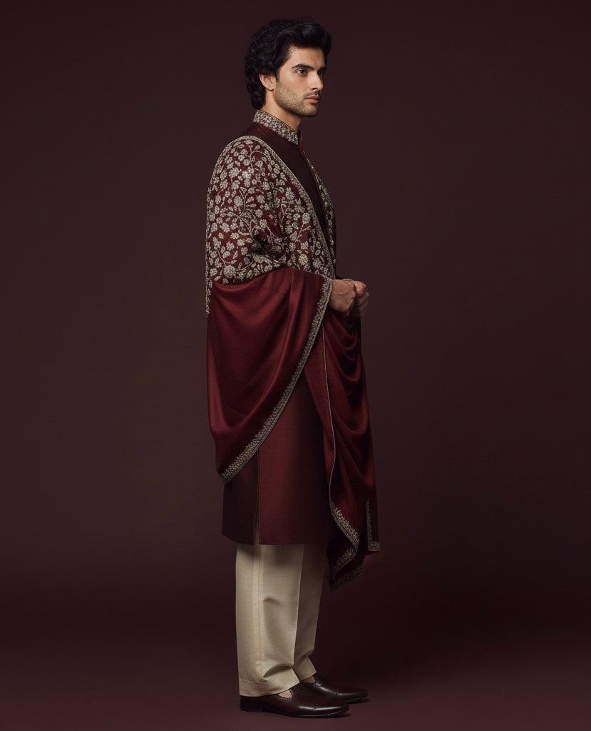 Maroon Hand-Embroidered Sherwani with Embroidered Shawl | Royal Wedding Wear for Men