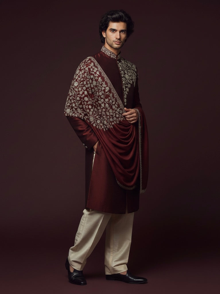 Maroon Hand-Embroidered Sherwani with Embroidered Shawl | Royal Wedding Wear for Men