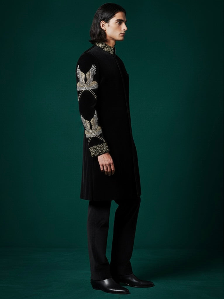 Luxury Black Velvet Indo-Western with Hand Embroidery & Royal Shawl