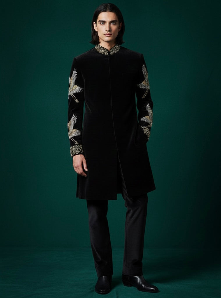 Luxury Black Velvet Indo-Western with Hand Embroidery & Royal Shawl