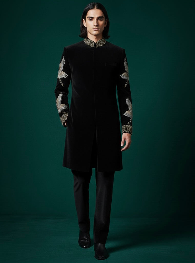 Luxury Black Velvet Indo-Western with Hand Embroidery & Royal Shawl