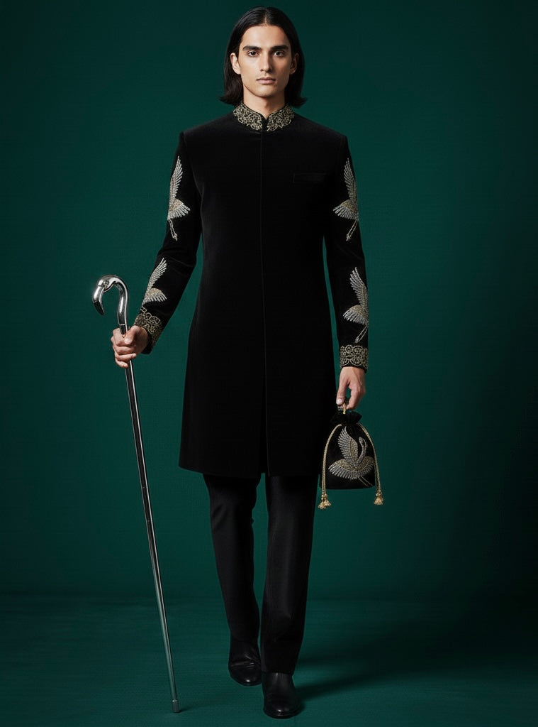 Luxury Black Velvet Indo-Western with Hand Embroidery & Royal Shawl