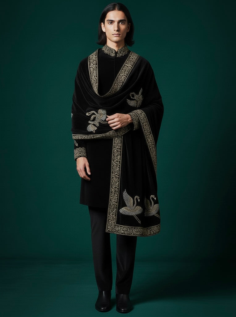 Luxury Black Velvet Indo-Western with Hand Embroidery & Royal Shawl